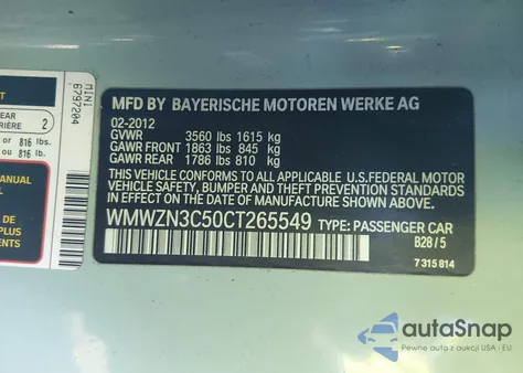 2012 Mini Cooper из США, поврежденный, VIN WMWZN3C50CT265549